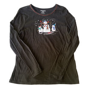 Christmas Shirt Sz XL Black Long Sleeve Snowmen Top Embroidered Festive Holidays